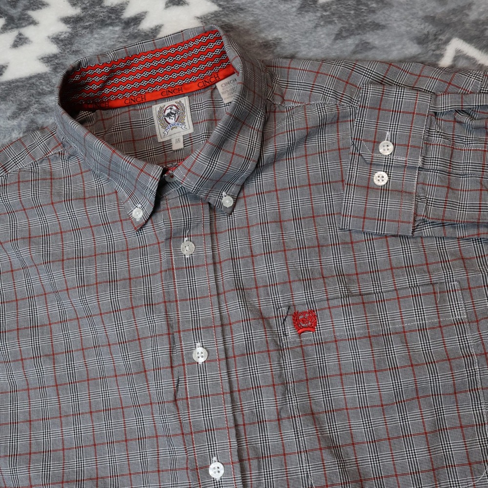 Cinch Mens Grey Red Plaid Button Down Western Shirt Medium Long Sleeve Logo